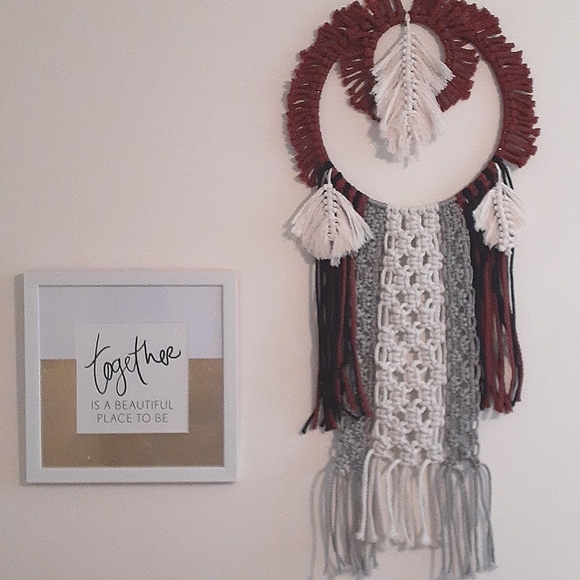 Large Handmade Feather Macrame Wall Decor:Silver/Cream,Burgundy,Black - Picture 3 of 8